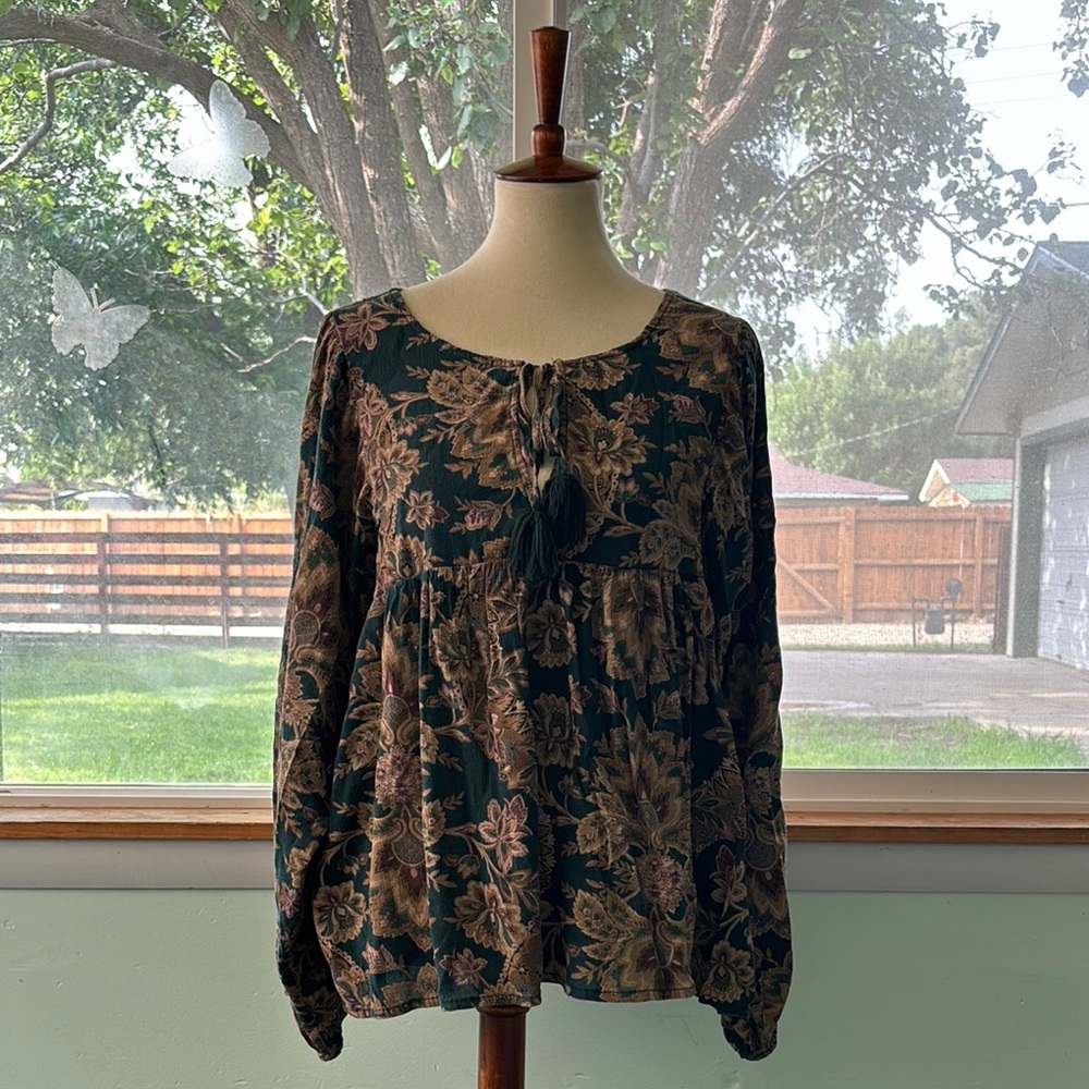 RALPH LAUREN DENIM & SUPPLY GREEN RETRO PAISLEY DESIGN LONG SLEEVE BLOUSE